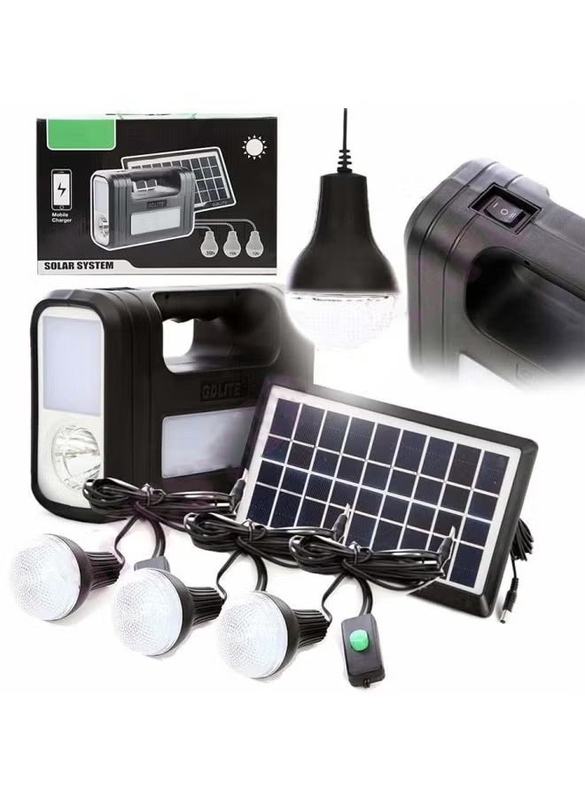 Generic Solar power system with a flashlight, 3 bulbs, and a mobile charger outlet, suitable for camping and trips. 