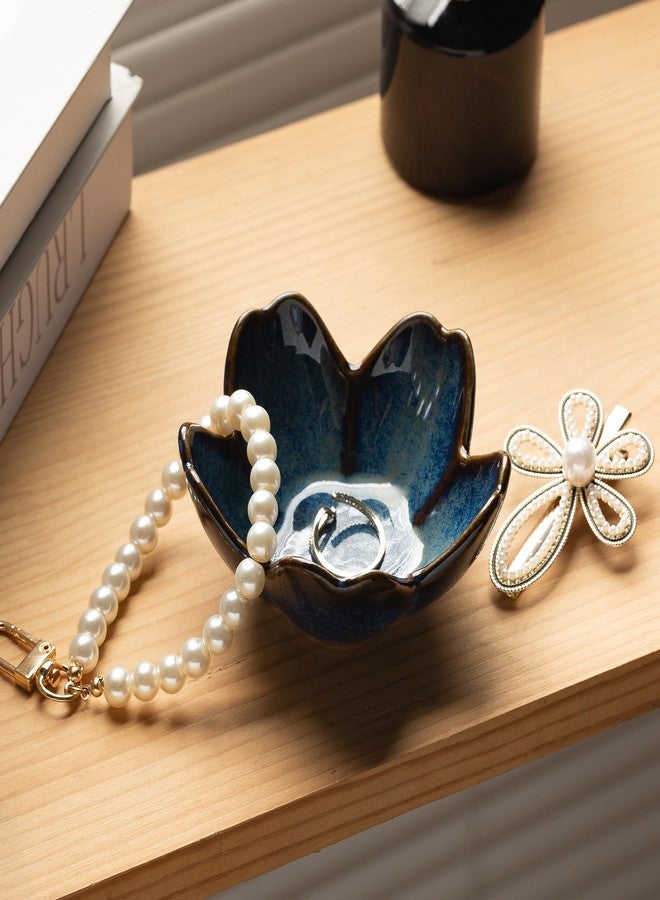 zerokyclan Floral Ceramic Jewelry Tray - 3.5" Elegant Ring Holder Dish & Trinket Bowl for Vanity Dresser Decor (blue) - Image 3