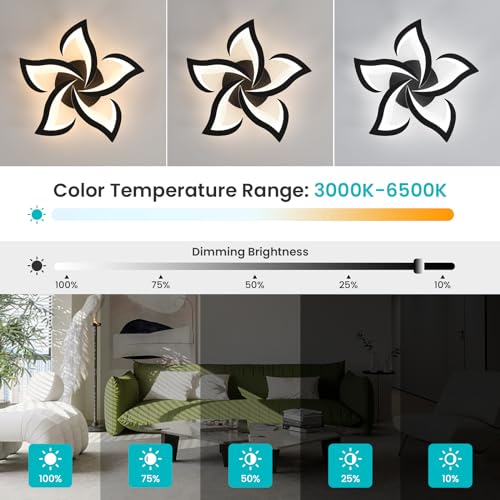 Goeco Modern Flower Flush Mount Ceiling Light with Remote Control Dimmable Black 5Petals 3000K6500K LED for Living Room Kitchen Dining Room Bedroom - Image 3