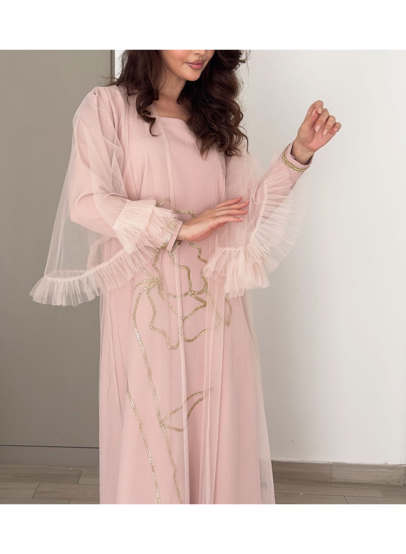 Rosette Abaya Jalabiya with golden Talli embroidery & Sheer Tulle Jacket delicate ruffle Sleeves - Image 4