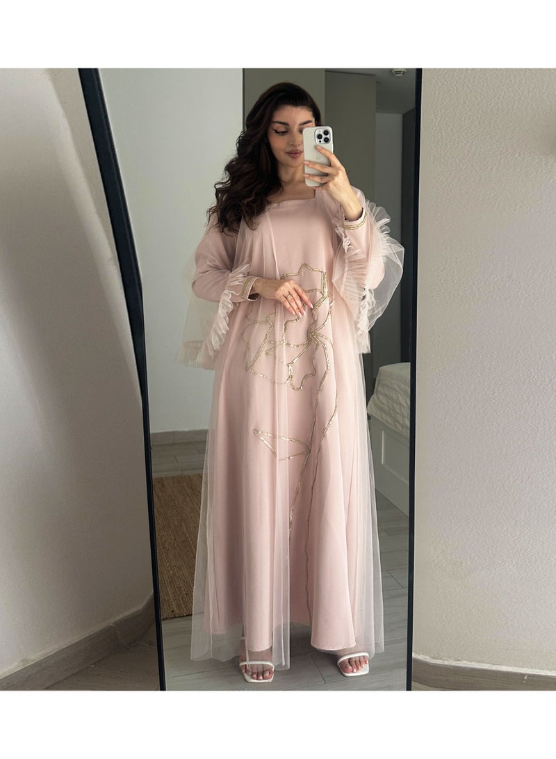 Rosette Abaya Jalabiya with golden Talli embroidery & Sheer Tulle Jacket delicate ruffle Sleeves - Image 5