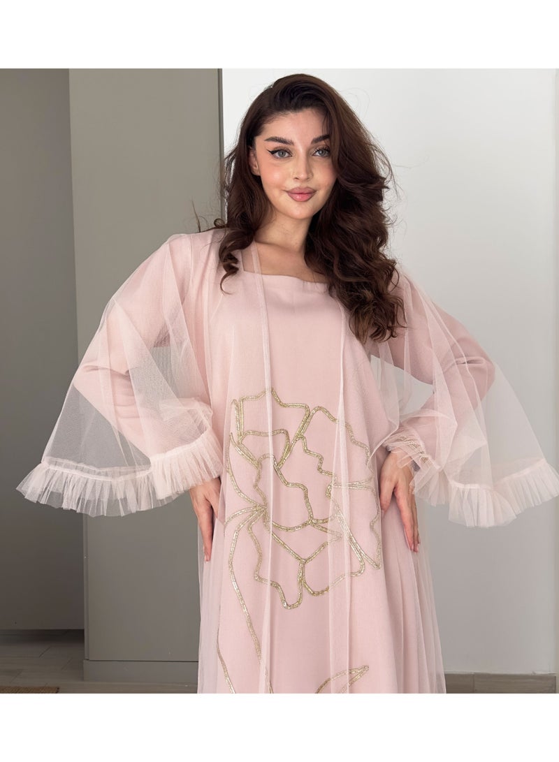 Rosette Abaya Jalabiya with golden Talli embroidery & Sheer Tulle Jacket delicate ruffle Sleeves - Image 1
