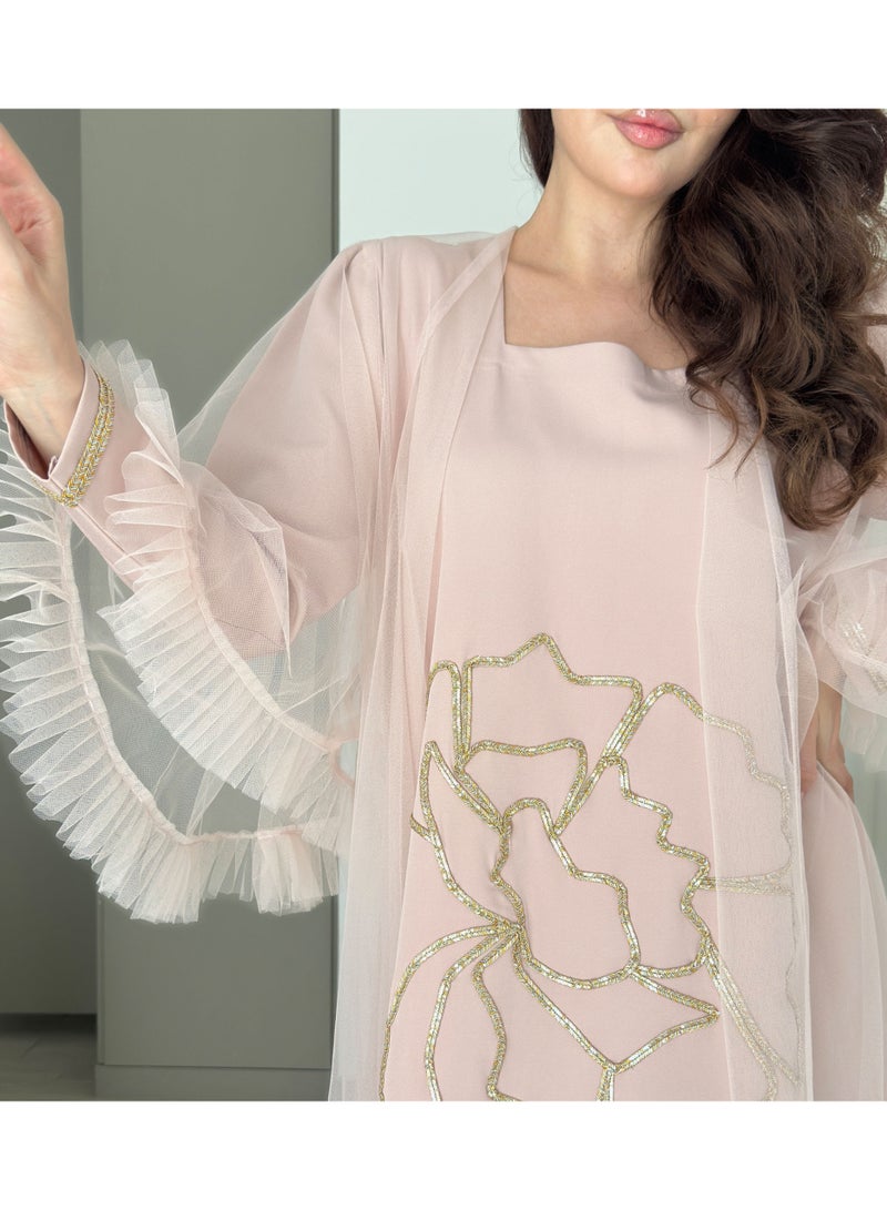 Rosette Abaya Jalabiya with golden Talli embroidery & Sheer Tulle Jacket delicate ruffle Sleeves - Image 3