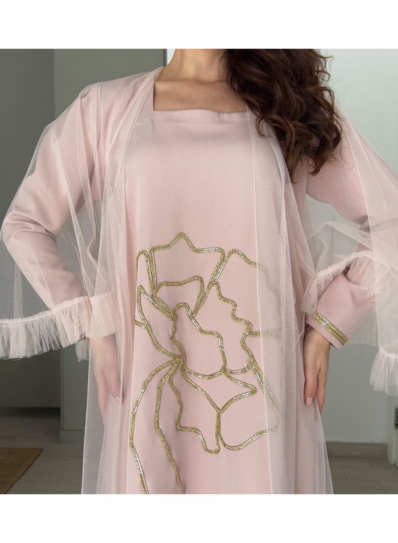 Rosette Abaya Jalabiya with golden Talli embroidery & Sheer Tulle Jacket delicate ruffle Sleeves - Image 2