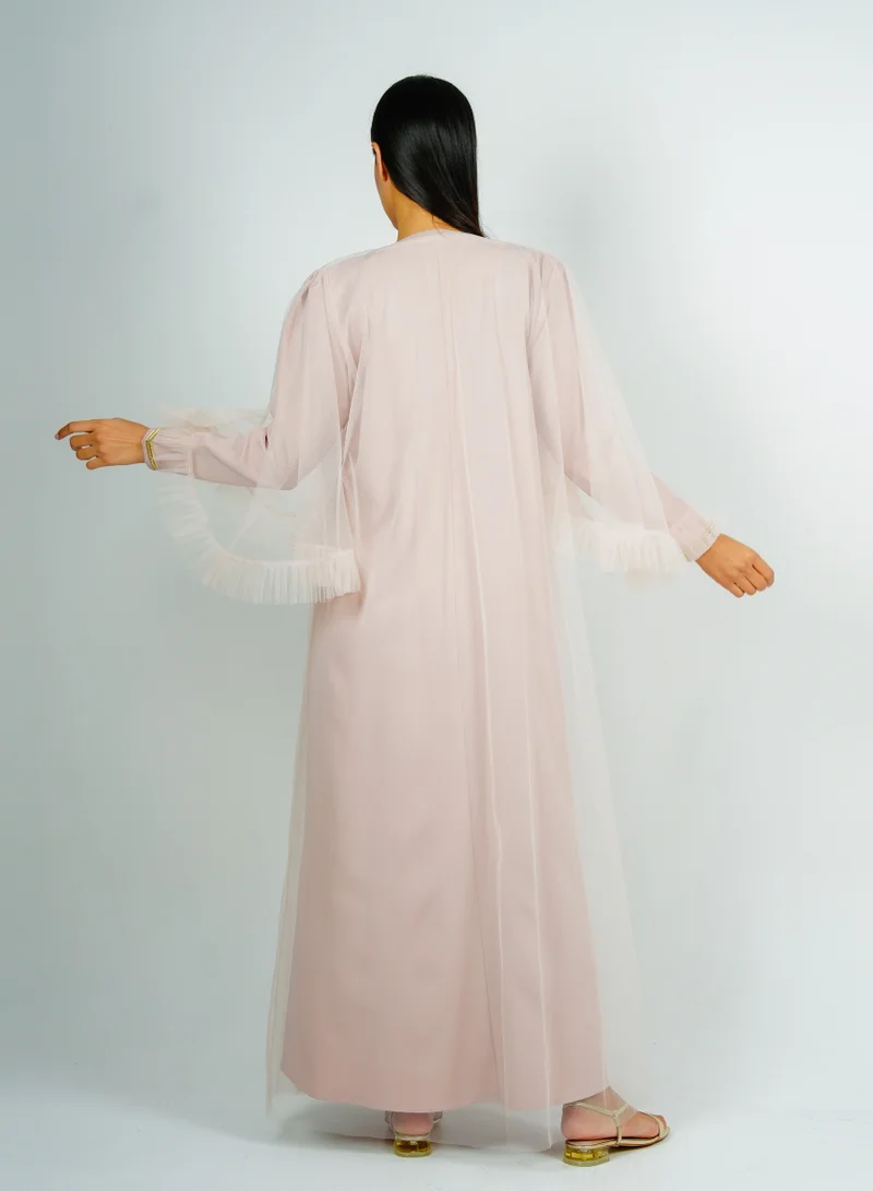 Rosette Abaya  Jalabiya with golden Talli embroidery & Sheer Tulle Jacket delicate ruffle Sleeves for Women | Best Price UAE