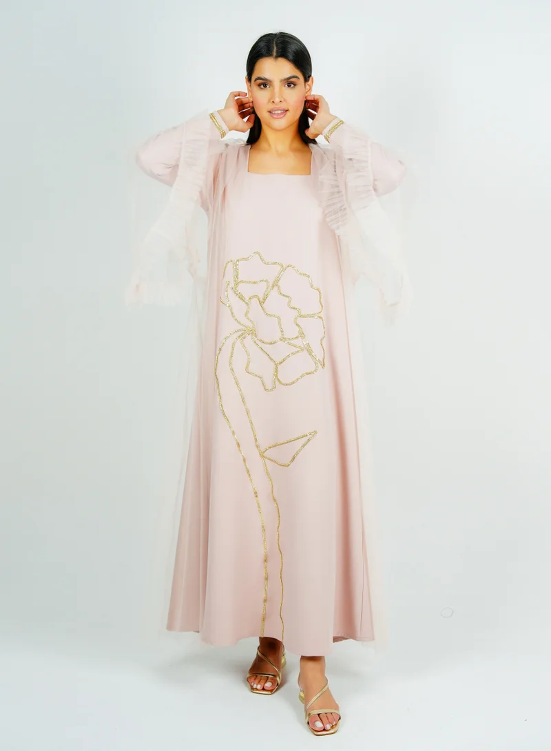 Rosette Abaya  Jalabiya with golden Talli embroidery & Sheer Tulle Jacket delicate ruffle Sleeves for Women | Best Price UAE