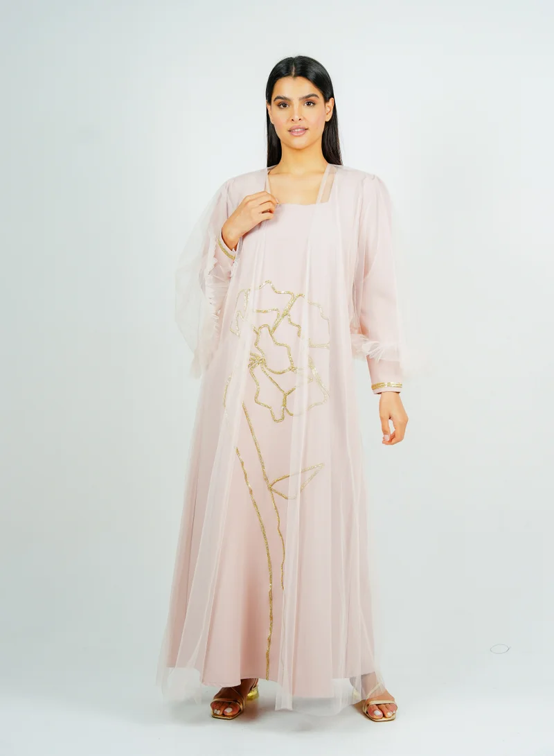 Rosette Abaya  Jalabiya with golden Talli embroidery & Sheer Tulle Jacket delicate ruffle Sleeves for Women | Best Price UAE