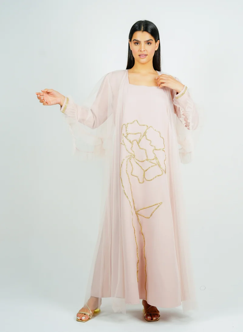Jalabiya with golden Talli embroidery & Sheer Tulle Jacket delicate ruffle Sleeves