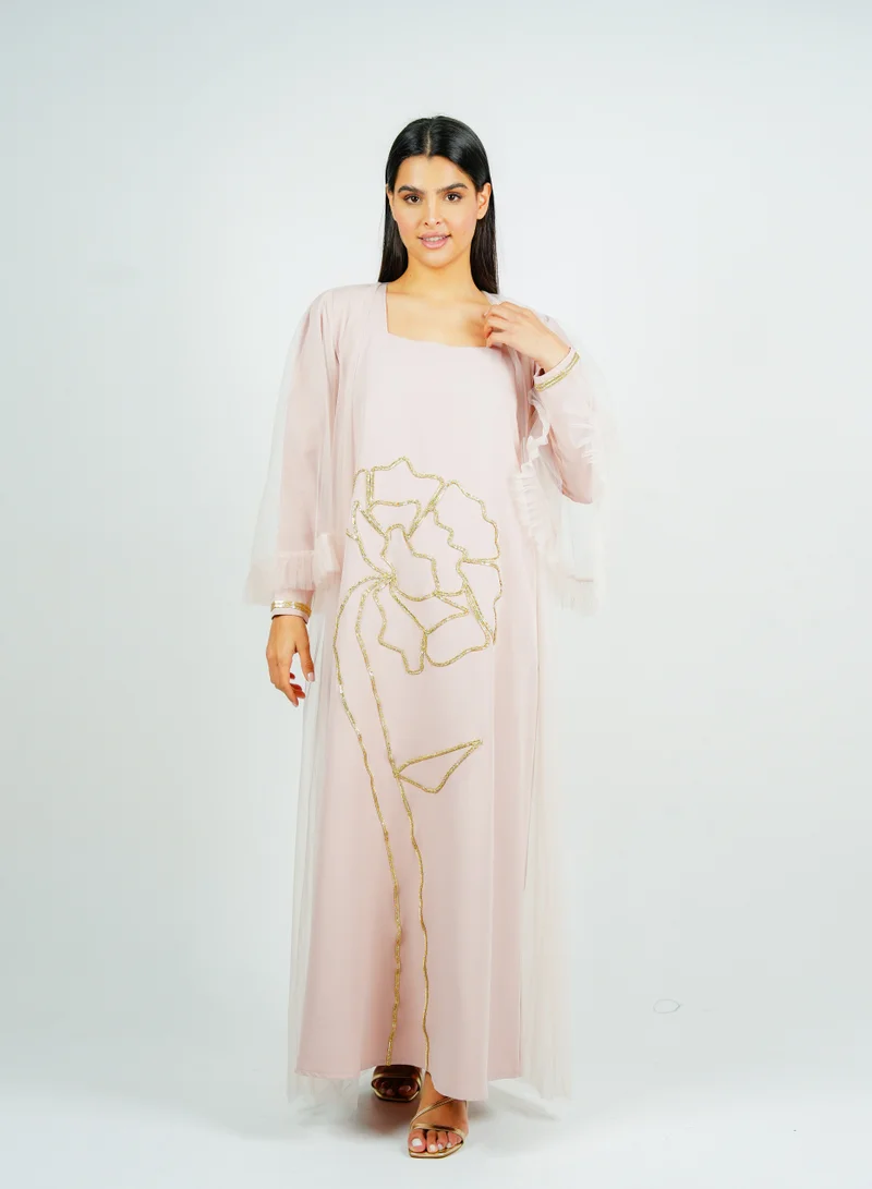 Rosette Abaya  Jalabiya with golden Talli embroidery & Sheer Tulle Jacket delicate ruffle Sleeves for Women | Best Price UAE