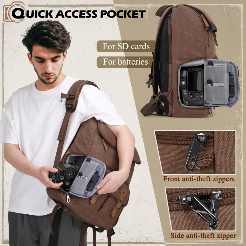 RAINSMORE Camera Bag Backpack for DSLR/SLR Mirrorless 15.6 Inch Laptop Camera Back Pack for Photographers Anti-Theft Photography Bags Case with Tripod Holder & Rain Cover, Coffee - Image 5