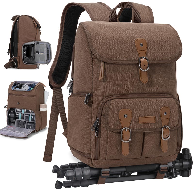 RAINSMORE Camera Bag Backpack for DSLR/SLR Mirrorless 15.6 Inch Laptop Camera Back Pack for Photographers Anti-Theft Photography Bags Case with Tripod Holder & Rain Cover, Coffee - Image 1
