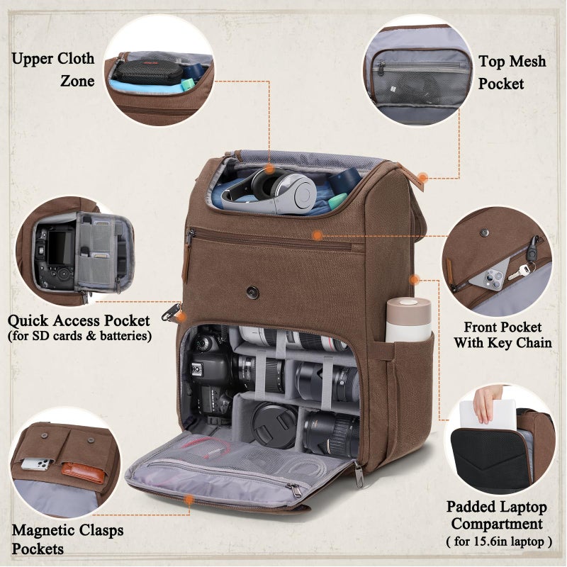 RAINSMORE Camera Bag Backpack for DSLR/SLR Mirrorless 15.6 Inch Laptop Camera Back Pack for Photographers Anti-Theft Photography Bags Case with Tripod Holder & Rain Cover, Coffee - Image 2
