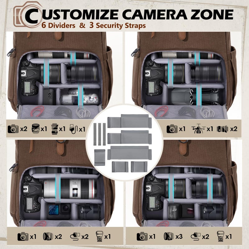 RAINSMORE Camera Bag Backpack for DSLR/SLR Mirrorless 15.6 Inch Laptop Camera Back Pack for Photographers Anti-Theft Photography Bags Case with Tripod Holder & Rain Cover, Coffee - Image 3
