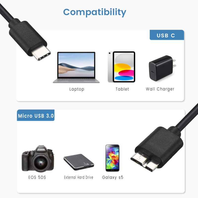 Smays 2-Pack External Hard Drive Cable, USB 3.0 Micro B to USB C Data Cord for Seagate, Toshiba, Western Digital WD My Passport, LaCie, 3 ft - Image 3