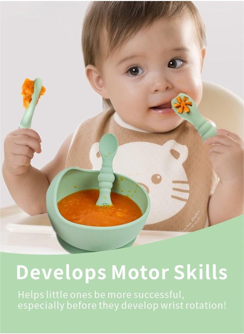HieerBus Baby Spoons Set, Pre-Spoon for Kids Aged 6+ Months - First Stage, Baby Led Weaning Teething Spoon - Self Feeding, Silicone Toddler Food Utensils - 3 Spoons, green  - Image 4