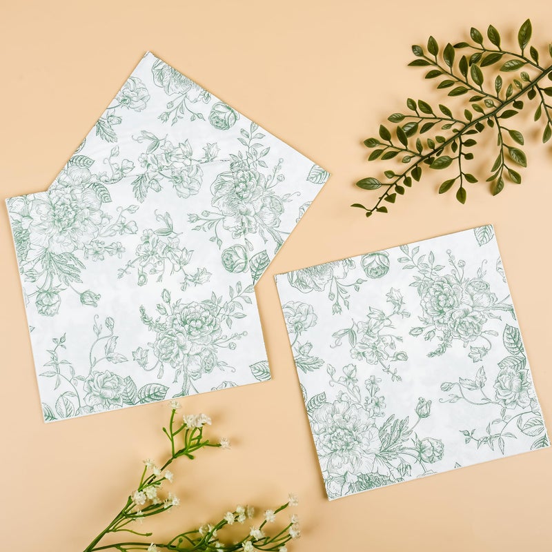 Elyxio 100 Floral Cocktail Napkins Sage Green White Toile Disposable Paper Napkins 5 Inch Vintage Flower Bouquet Party Napkin for Bridal Baby Shower Spring Summer Tea Party Supplies - Image 4