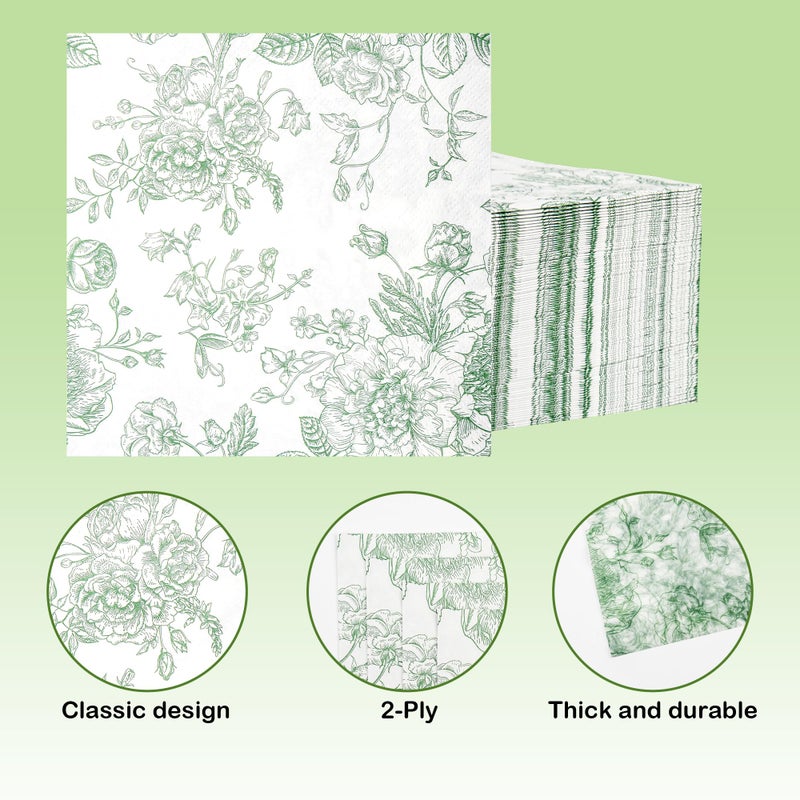 Elyxio 100 Floral Cocktail Napkins Sage Green White Toile Disposable Paper Napkins 5 Inch Vintage Flower Bouquet Party Napkin for Bridal Baby Shower Spring Summer Tea Party Supplies - Image 2