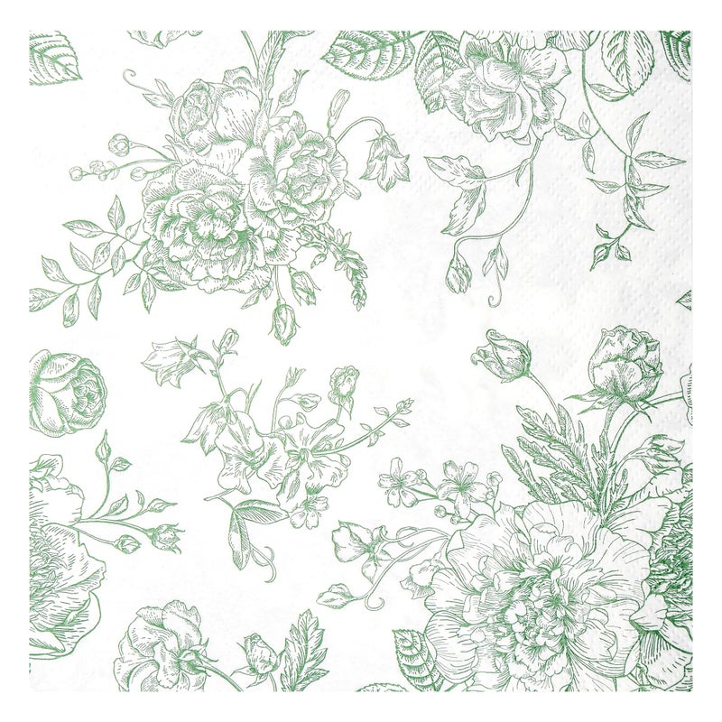 Elyxio 100 Floral Cocktail Napkins Sage Green White Toile Disposable Paper Napkins 5 Inch Vintage Flower Bouquet Party Napkin for Bridal Baby Shower Spring Summer Tea Party Supplies - Image 1