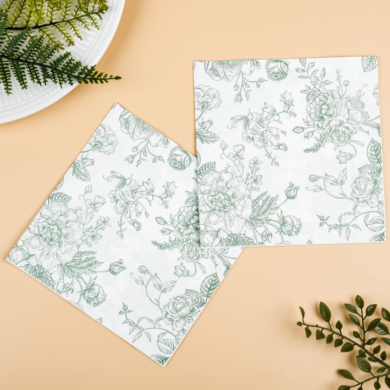 Elyxio 100 Floral Cocktail Napkins Sage Green White Toile Disposable Paper Napkins 5 Inch Vintage Flower Bouquet Party Napkin for Bridal Baby Shower Spring Summer Tea Party Supplies - Image 5