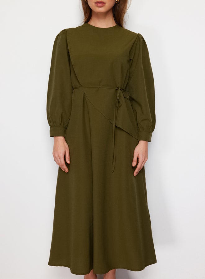 trendyol Khaki Belted Front Pieced Cotton Woven Dress TCTSS23EB00360  - Image 4