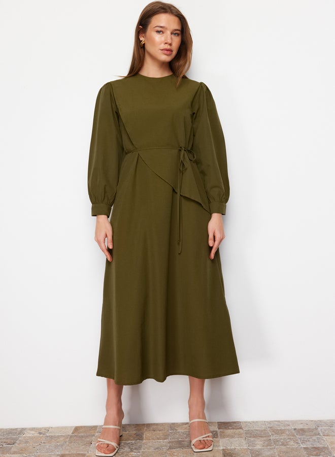 trendyol Khaki Belted Front Pieced Cotton Woven Dress TCTSS23EB00360  - Image 1