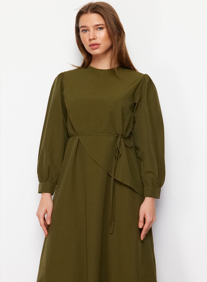 trendyol Khaki Belted Front Pieced Cotton Woven Dress TCTSS23EB00360  - Image 3