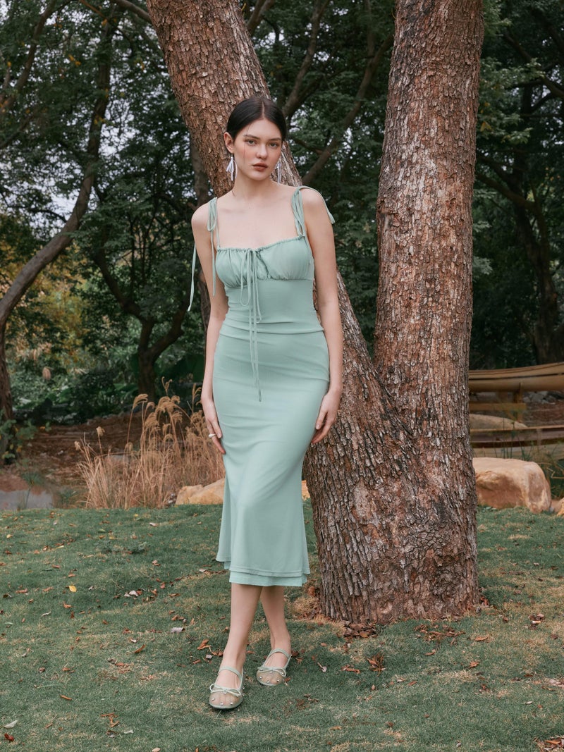CIDER Women's Summer Floral Maxi Dress Spaghetti Strap Sleeveless Bodycon Ruched Mesh Dresses 2025 Trendy: Pale Green, M - Image 2