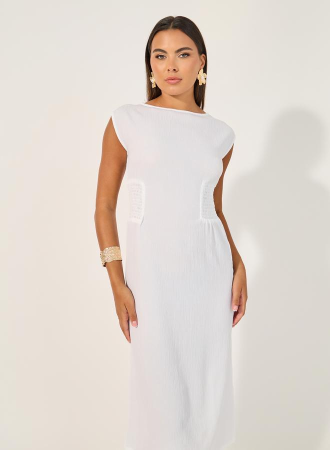 ستايلي فستان ميدي أبيض مجعد - Image 3