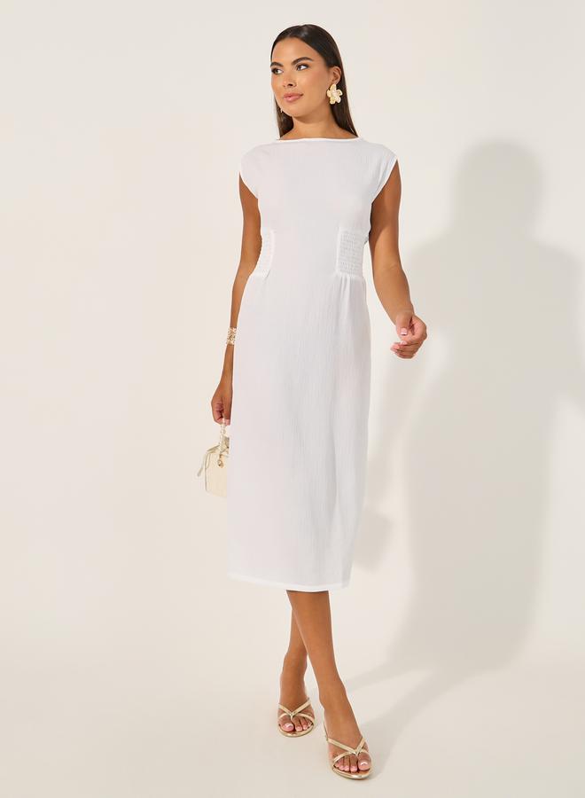 ستايلي فستان ميدي أبيض مجعد - Image 2