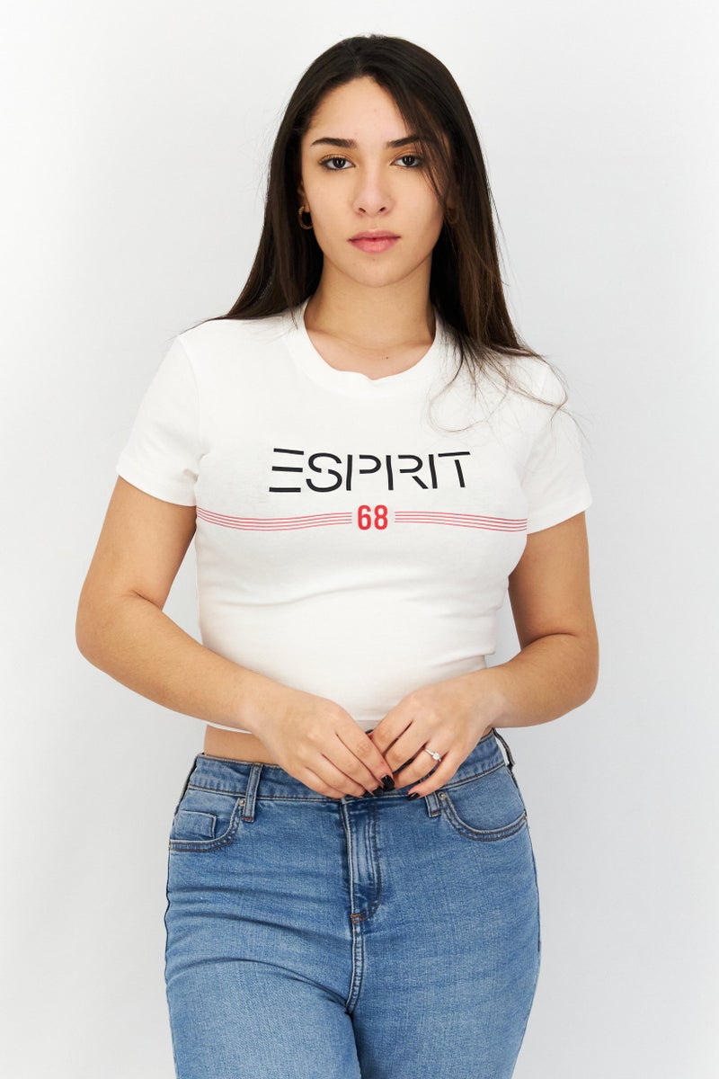 ESPRIT Women Crew Neck Short Sleeve Brand Logo Crop Top, White - Image 1