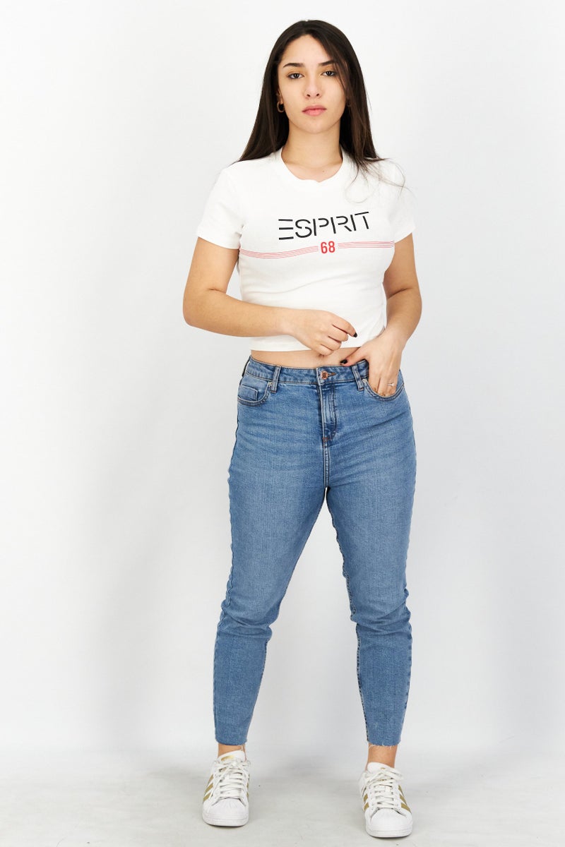 ESPRIT Women Crew Neck Short Sleeve Brand Logo Crop Top, White - Image 2
