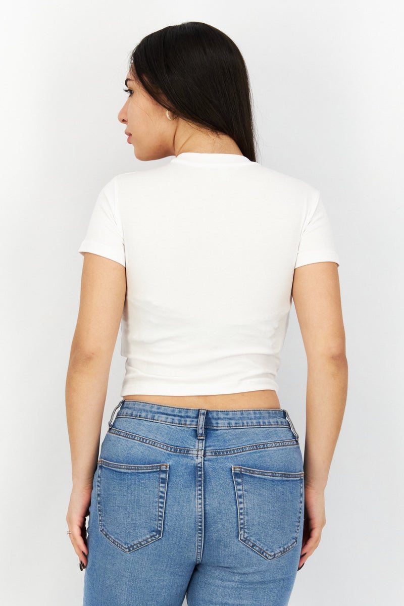 ESPRIT Women Crew Neck Short Sleeve Brand Logo Crop Top, White - Image 2