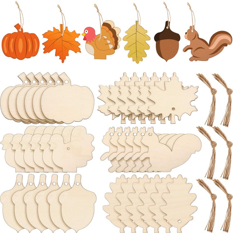 60 Pieces Fall Thanksgiving Unfinished Wooden Ornaments Maple Leaves Pumpkin Wood Cutout Squirrel Acorn Blank Wooden Ornament for Thanksgiving Party DIY Decor Supplies 6 Styles