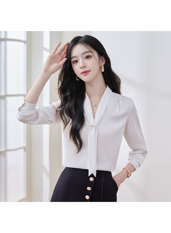 Teluoman Commuter Style Shirt Women Long Sleeve With Ribbon Spring Fashion Casual Design Sense Niche Shirt White - Image 2