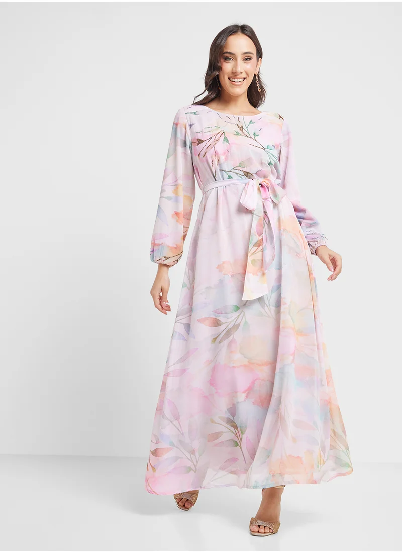 كشخة Dress with Floral Watercolour Print and Beads Work (AM398)