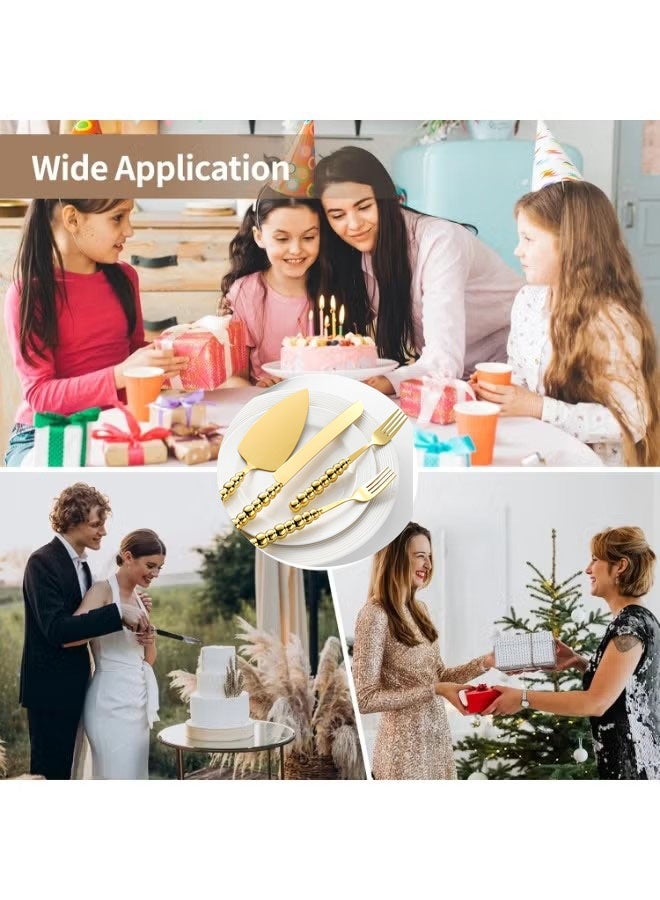 NIBEMINENT 4 PCS Pearl Wedding Cake Knife and Server Set with Forks, Ceramic Pearl Handle Cake Cutting Set for Wedding, Stainless Steel Pie Cutter Pizza Spatula, Wedding/Birthday/Anniversary Bridal Gift, Engagement Gift for Couples（gold）） - Image 4