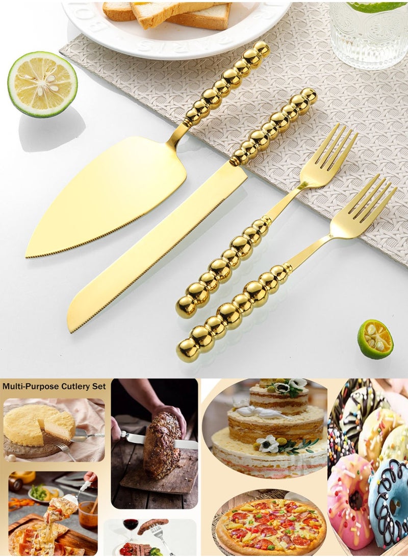 NIBEMINENT 4 PCS Pearl Wedding Cake Knife and Server Set with Forks, Ceramic Pearl Handle Cake Cutting Set for Wedding, Stainless Steel Pie Cutter Pizza Spatula, Wedding/Birthday/Anniversary Bridal Gift, Engagement Gift for Couples（gold）） - Image 1