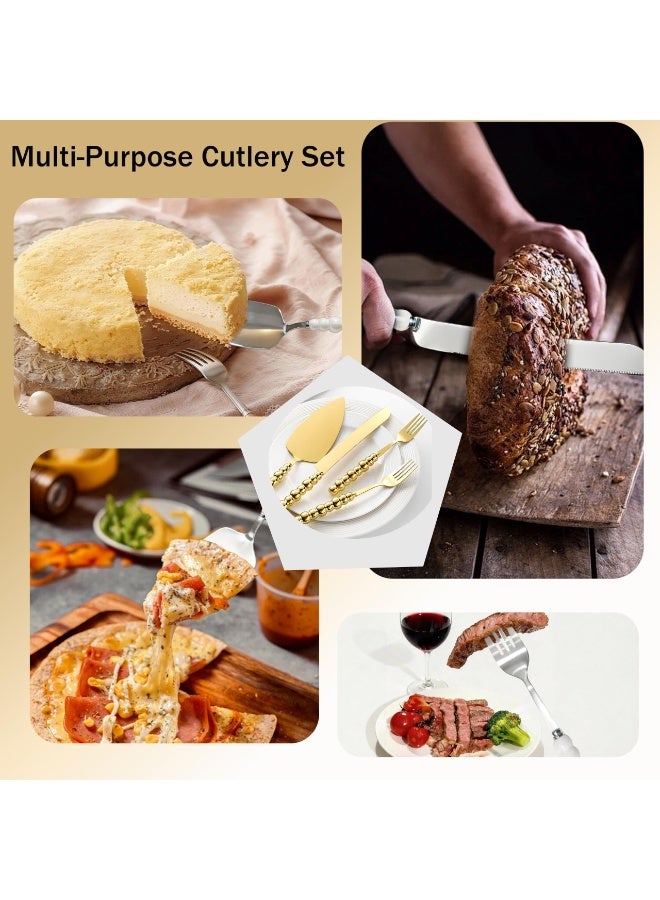 NIBEMINENT 4 PCS Pearl Wedding Cake Knife and Server Set with Forks, Ceramic Pearl Handle Cake Cutting Set for Wedding, Stainless Steel Pie Cutter Pizza Spatula, Wedding/Birthday/Anniversary Bridal Gift, Engagement Gift for Couples（gold）） - Image 2