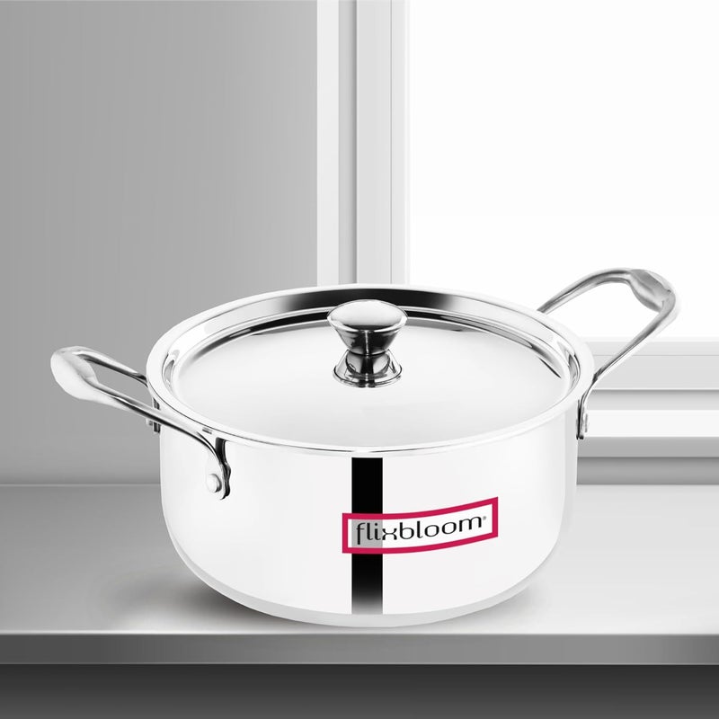 FLIXBLOOM Flixbloom Special Triply Stainless Steel Heavy Duty Indian Kitchen Cookware Utensil Sauce PotCasserole with lid Induction Pot Briyani PotHandi TriPly 5 Litre - Image 1