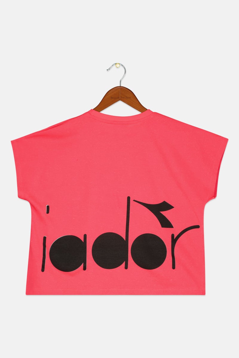 DIADORA Kids Girl Crew Neck Cap Sleeve Brand Logo Top, Neon Pink/Black - Image 2
