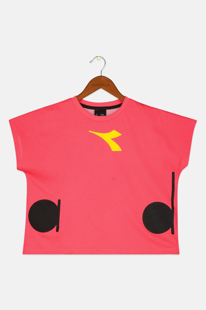 DIADORA Kids Girl Crew Neck Cap Sleeve Brand Logo Top, Neon Pink/Black - Image 1