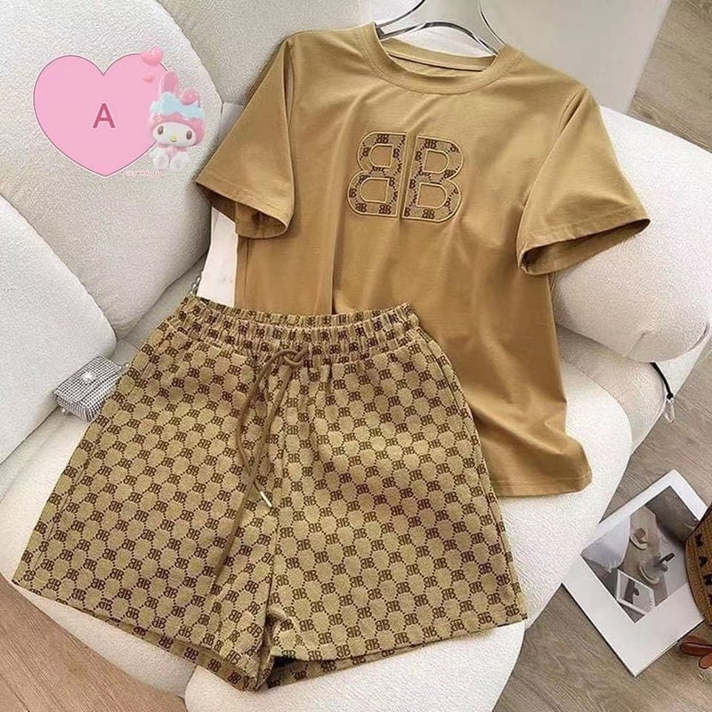 Hot new summer new South Korea foreign trade cross-border casual suit womens embroidered short-sleeved shorts two-piece set Wholesale Dark green - Image 5