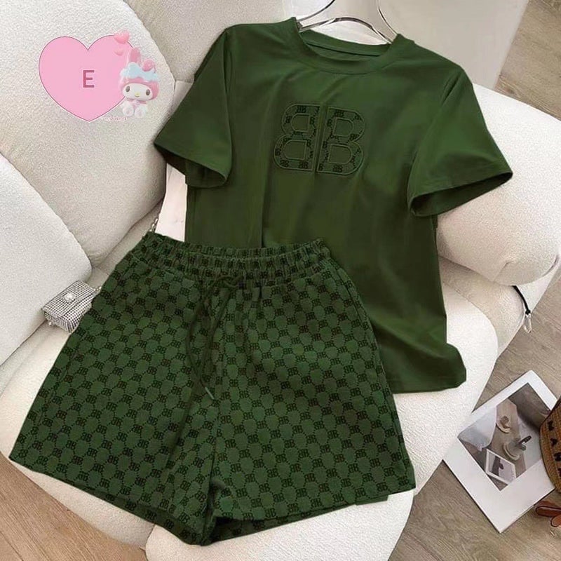 Hot new summer new South Korea foreign trade cross-border casual suit womens embroidered short-sleeved shorts two-piece set Wholesale Dark green - Image 1