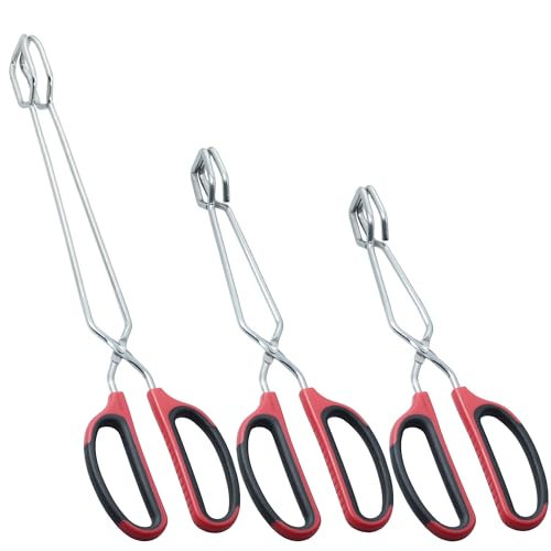 HINMAY Stainless Steel Kitchen Scissor Tongs Set for Cooking Grilling  Serving 3Piece with Red Handle 101216 Inch