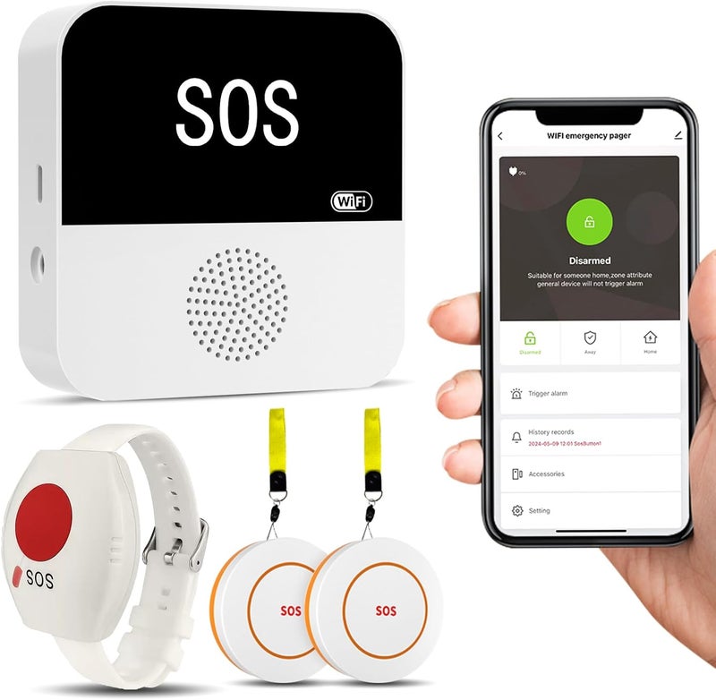 جهاز نداء الرعاية مع تنبيه التطبيق عبر WiFi، أنظمة التنبيه الطبية للمسنين بدون رسوم شهرية - 2 زر نداء للمُقدم رعاية + سوار زر طوارئ، زر تنبيه للمسنين في المنزل - Image 1