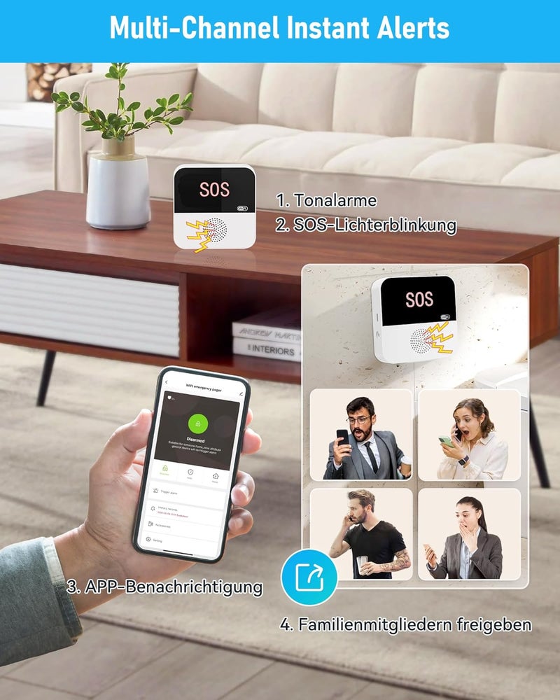جهاز نداء الرعاية مع تنبيه التطبيق عبر WiFi، أنظمة التنبيه الطبية للمسنين بدون رسوم شهرية - 2 زر نداء للمُقدم رعاية + سوار زر طوارئ، زر تنبيه للمسنين في المنزل - Image 5