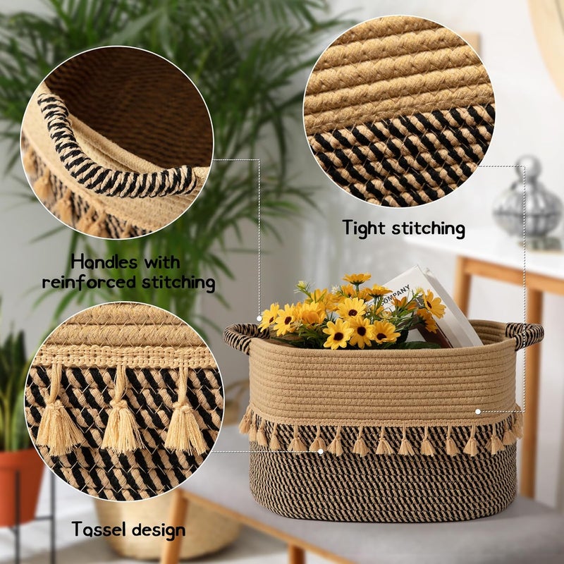 TeoKJ Set of 3 Baskets for Organizing, Decorative Rope Baskets for Storage, Storage for Pets, books, Pillows, Toys & Cloths, Black & Jute - Image 3