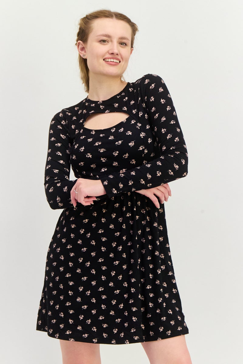 Aqua Women Floral Print Mini Dress, Black - Image 1