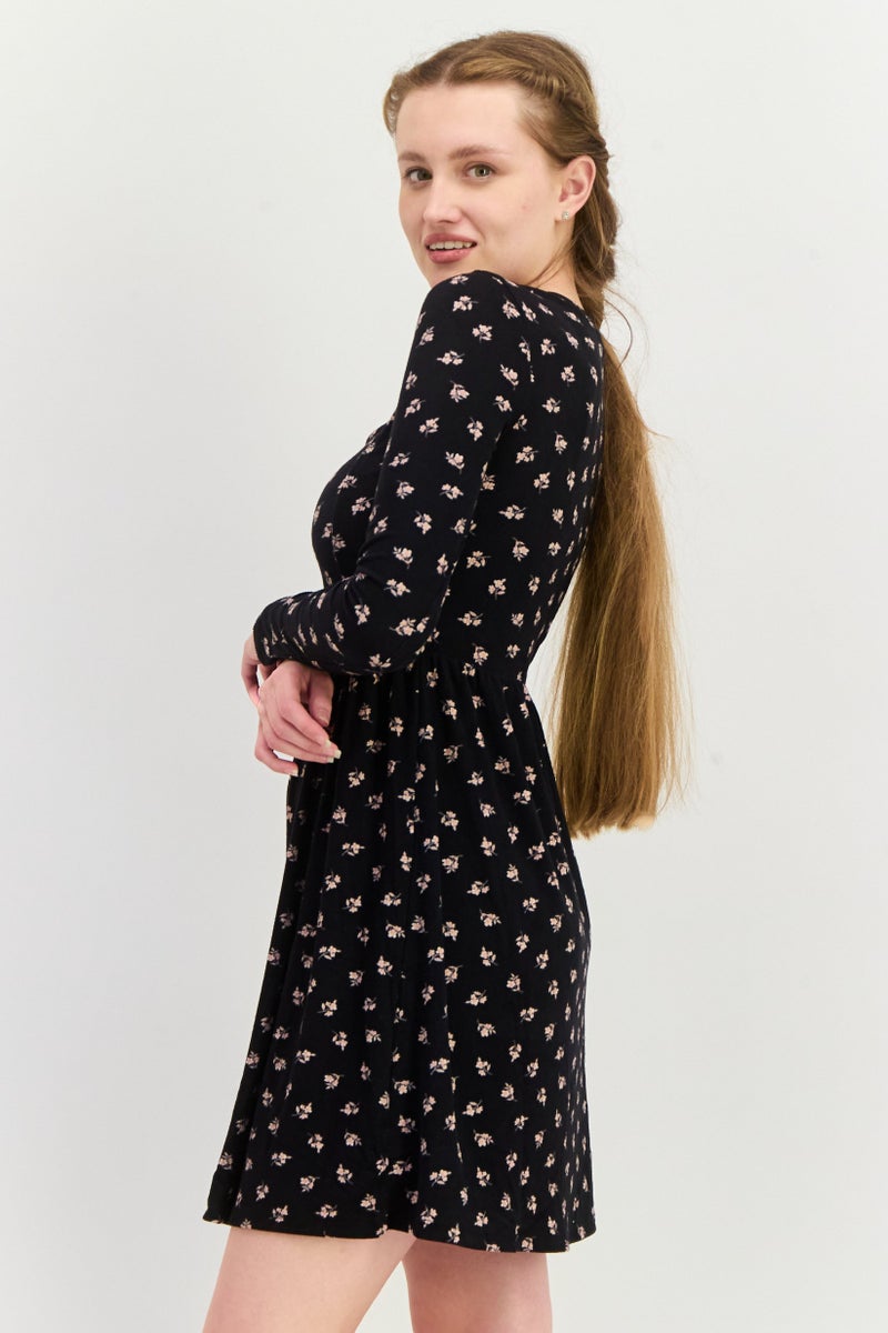 Aqua Women Floral Print Mini Dress, Black - Image 3