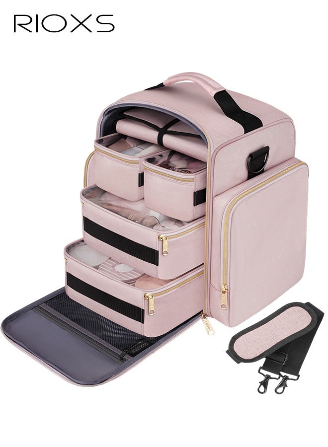 ريوكس حقيبة مستحضرات تجميل كبيرة للنساء، حقيبة مكياج محمولة للسفر للسيدات والفتيات، حقيبة أدوات تجميل خفيفة الوزن للسفر مع لفة تخزين لتنظيم المجوهرات وجيبان جانبيان، حقيبة لتنظيم المكياج للحفلات، حفلات الزفاف، عروض الأزياء، الحمام، التخييم أو السفر، لون وردي - Image 1